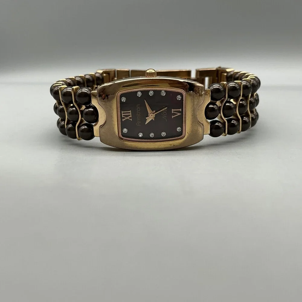 Armitron Now Women Watch 20mm Abalone Brown Gold Tone Bracelet New Battery 7.75